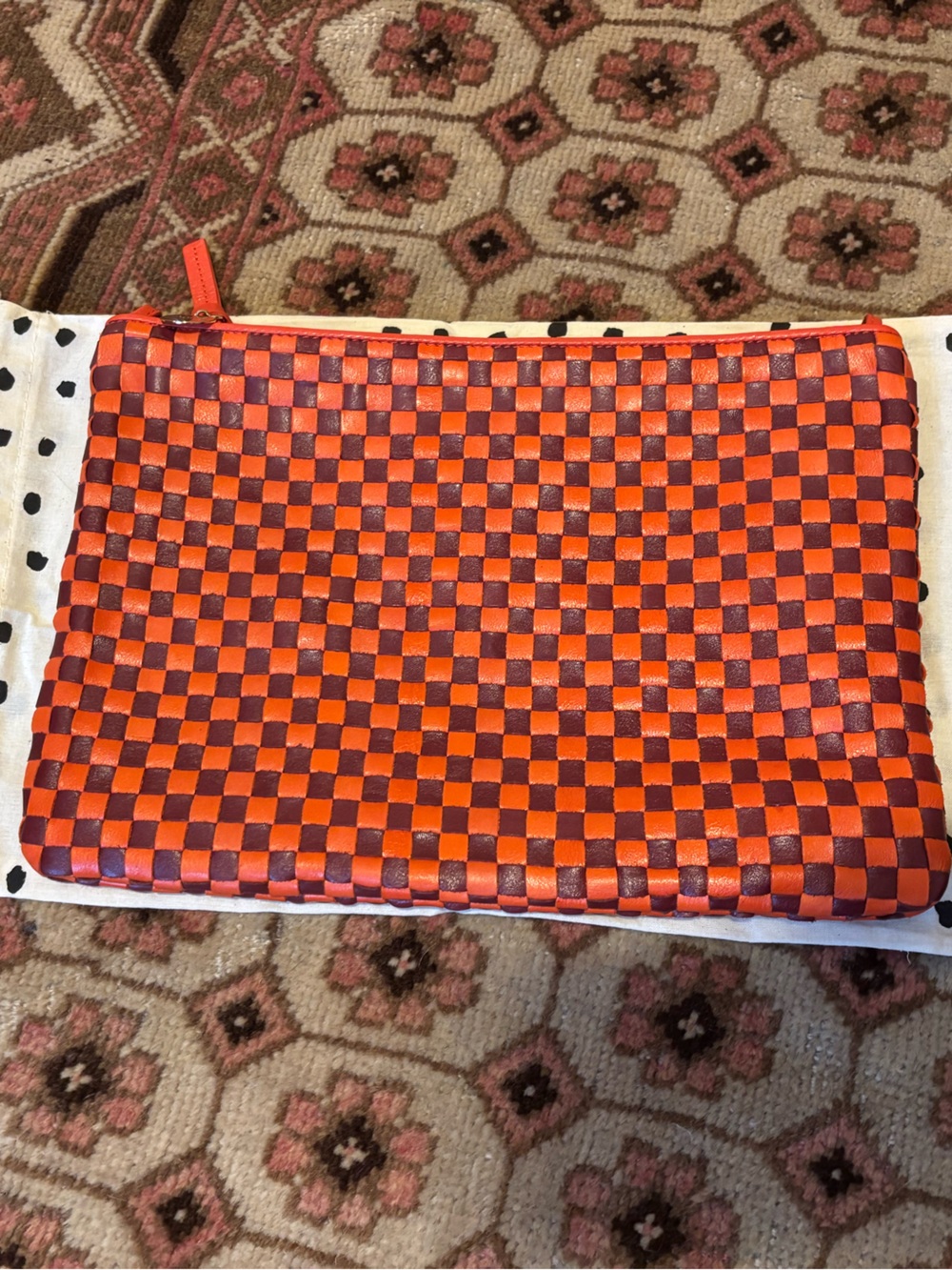 Clare V Flat Clutch w/ Tabs - Bright Poppy & Bordeaux woven checker